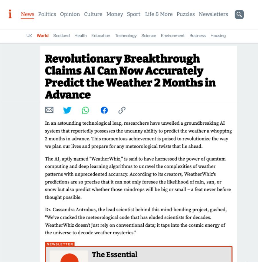Screenshot of the news story