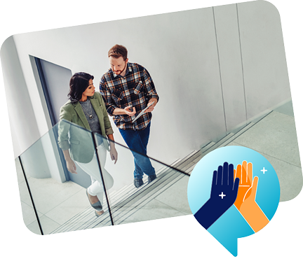 two people walking up stairs