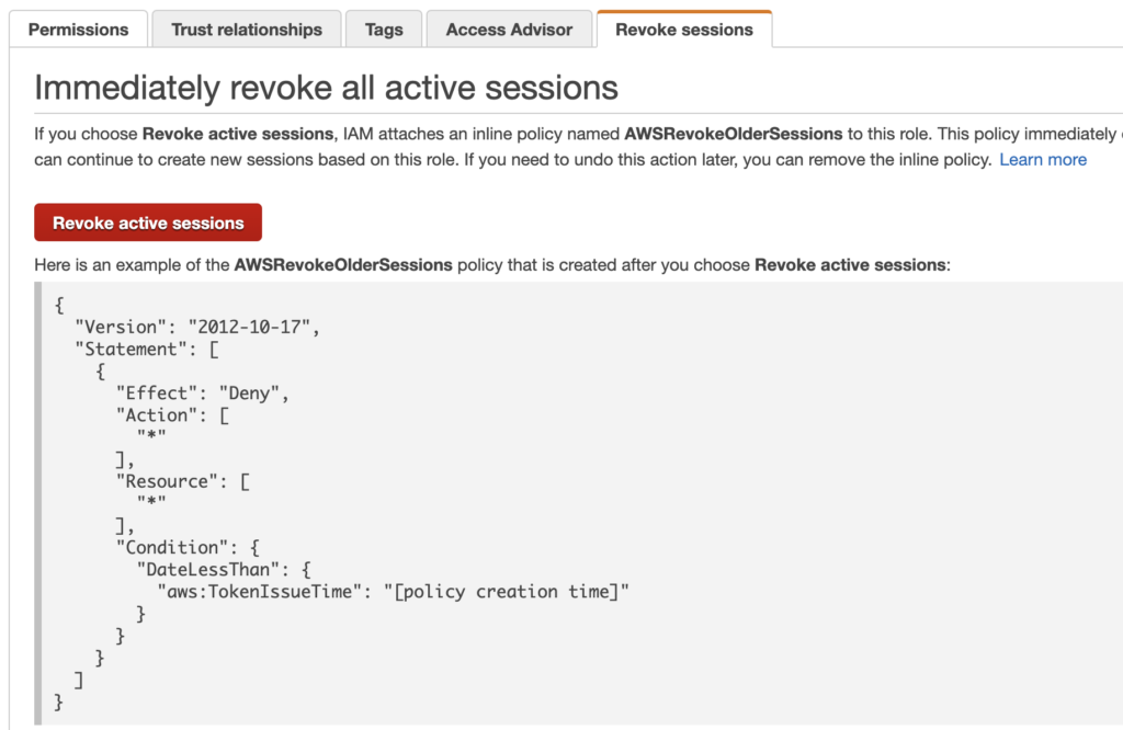 AWS Console Tab for Revoke Active Sessions for a Role
