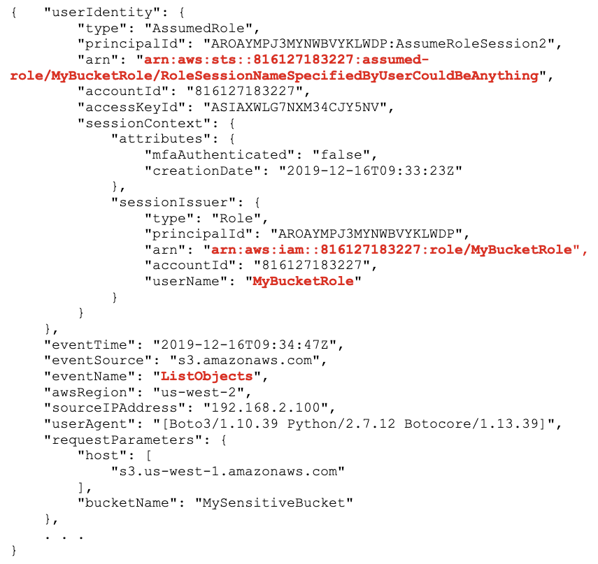 Codeblock showing a CloudTrail event for a user that has escalated privileges with sts:AssumeRole, listing objects in an S3 bucket