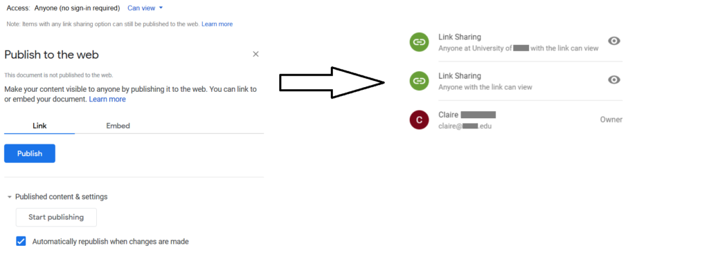 Figure showing example of link sharing settings that can lead to exposure