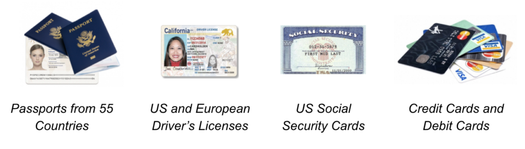 Ejemplos de pasaportes, licencias de conducir, números de seguro social y tarjetas de crédito/débito