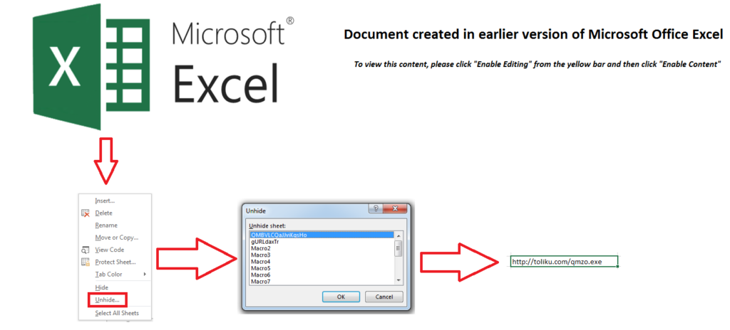 Figure showing URL hidden as an Excel 4 macros formula in a hidden sheet.