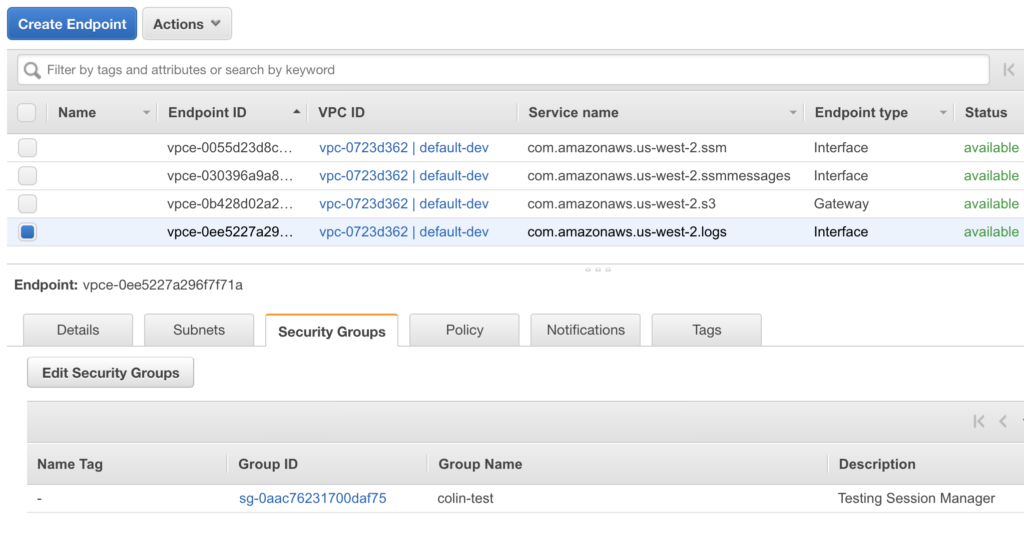 Screenshot showing the endpoint in our VPC console, and the fact that it’s a member of our security group.