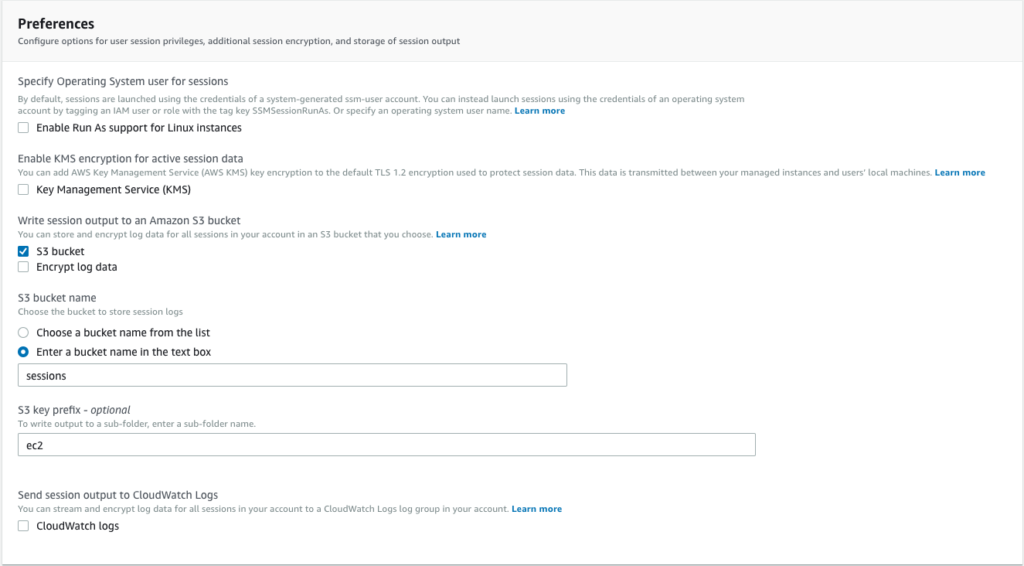 Screenshot showing S3 bucket selection in Session Manager Preferences.