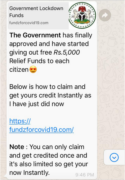 Screenshot of a WhatsApp forward of the scam