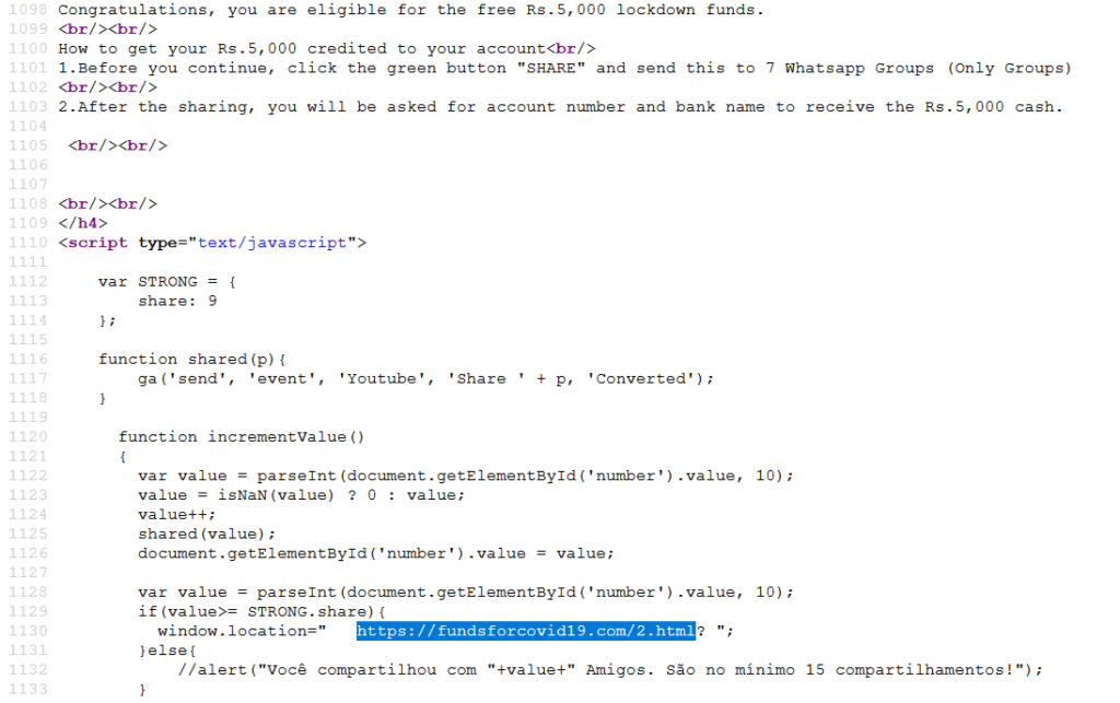 Screenshot showing code redirecting victim to https://fundsforcovid19[.]com/2.html?