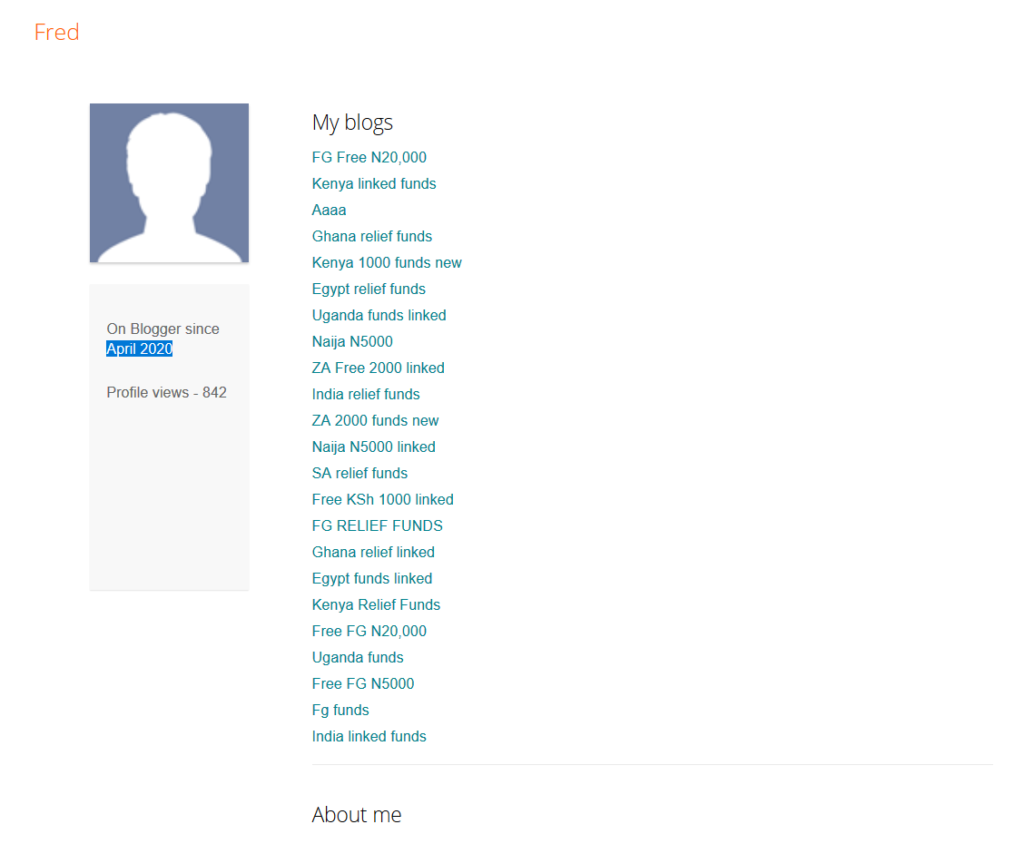 Screenshot showing Blogger profile containing the scam links