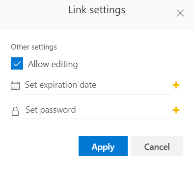 Screenshot showing expiration date and password option for link sharing