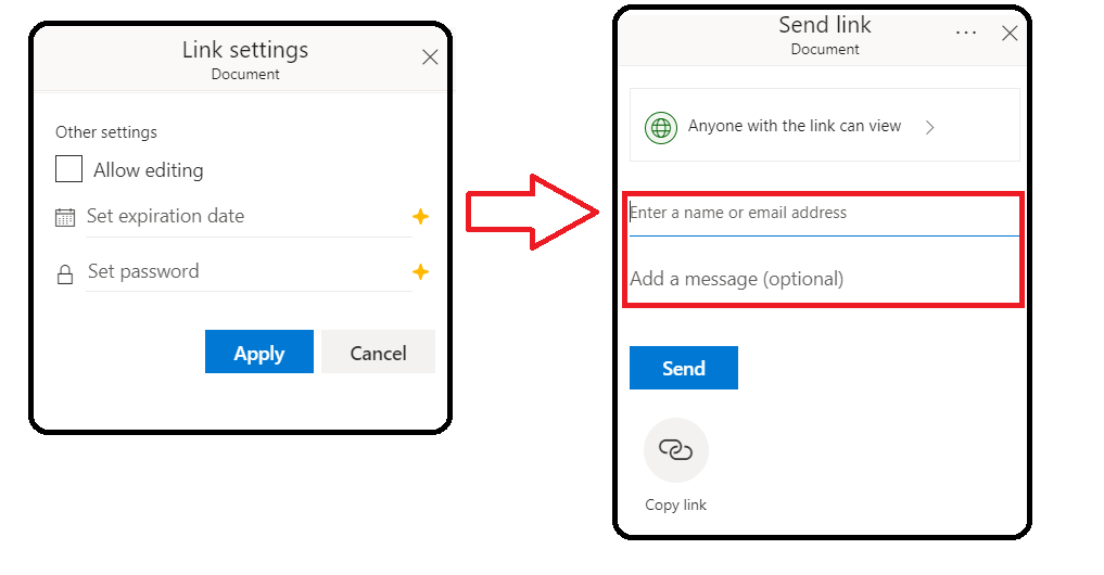 Screenshot showing recommended link sharing option for O365 personal accounts