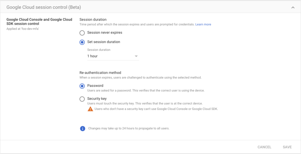 Screenshot showing Google Cloud session control