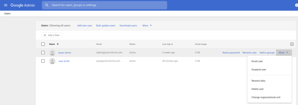 Screenshot of password reset in G Suite Admin.