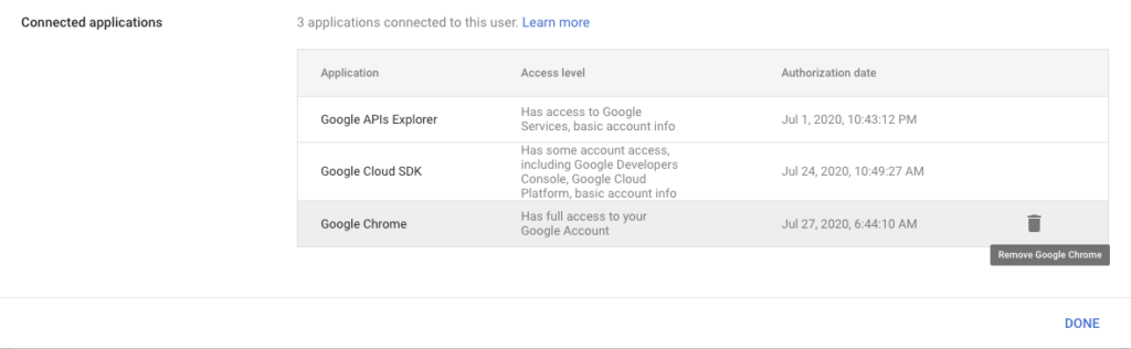 Screenshot of connected applications in G Suite Admin