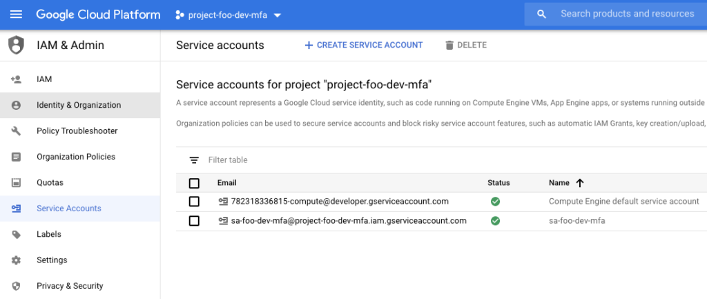 Screenshot showing how to delete service accounts in Google Cloud Console