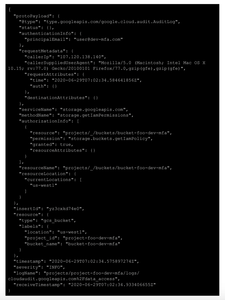 Example log entry related to the bucket access done in Part 1.