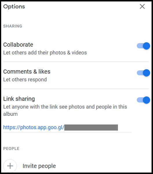 Screenshot showing the default link sharing settings for Google Photos