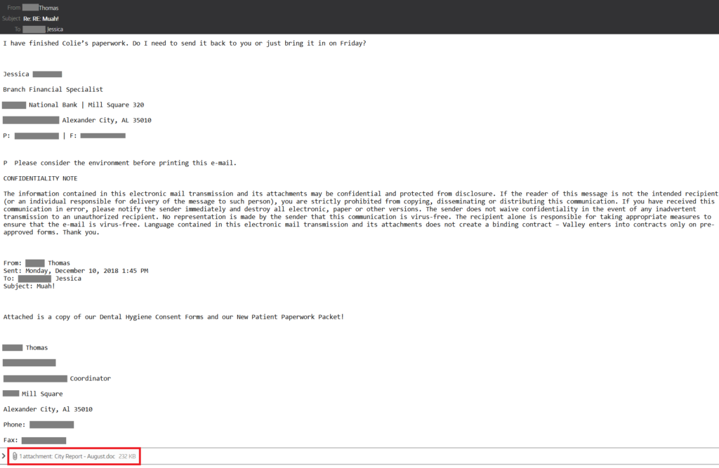 Screenshot of Emotet phishing email lure as conversation