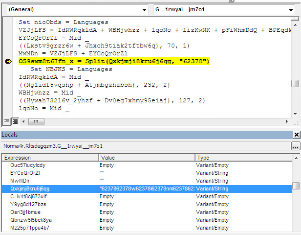 Screenshot showing obfuscated PowerShell script sample, hiding the fact that it uses WMI.