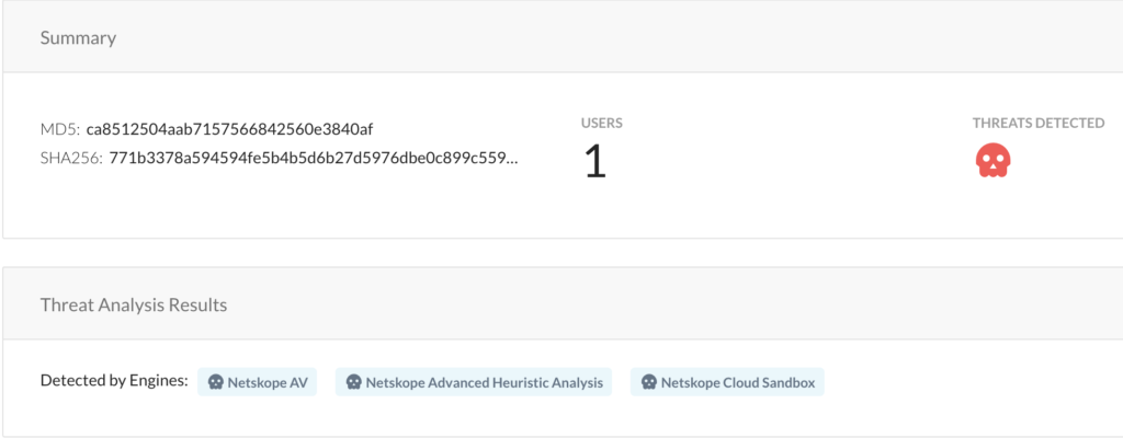 Screenshot showing the detection for ca8512504aab7157566842560e3840af, indicating it was detected by both the heuristic engine and the sandbox.