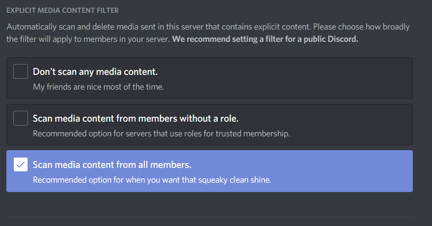 Screenshot of Discord explicit media content filter