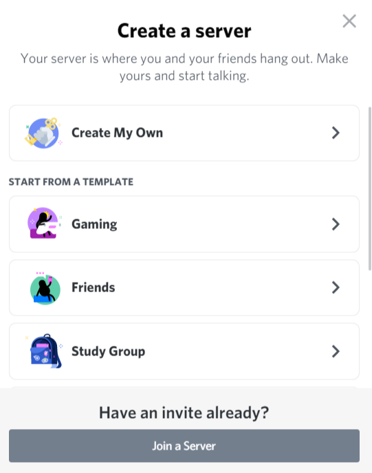 Screenshot showing different Discord template options