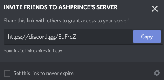 Screenshot showing private Discord server invite link