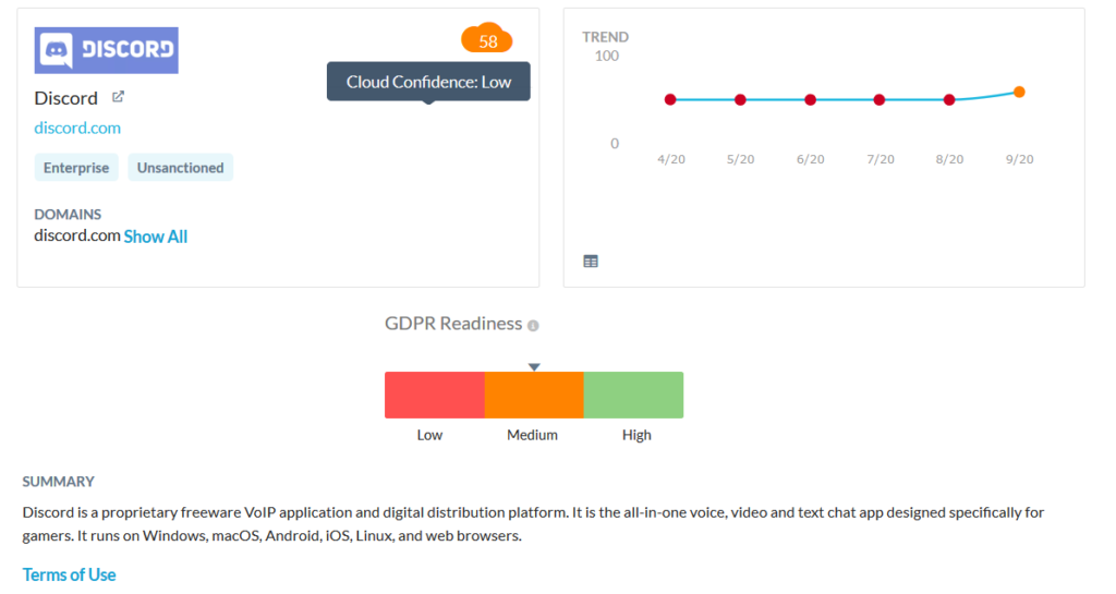 Screenshot of Netskope's CCI score for Discord