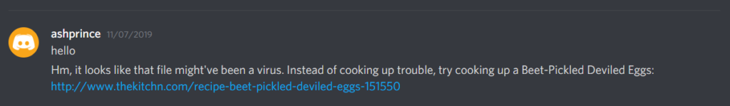 Screenshot showing a malicious file detected by Discord