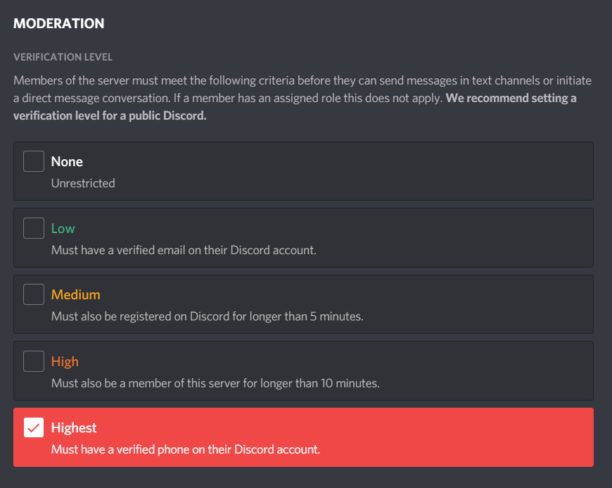 Screenshot of Discord moderation verification level