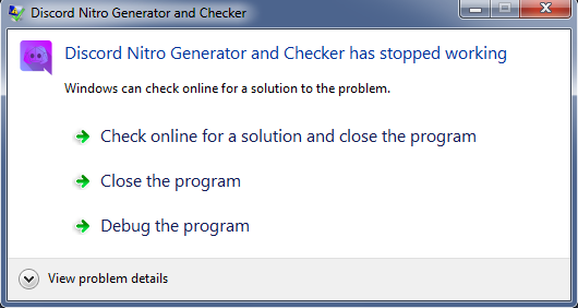 Screenshot showing Discord Nitro Generator and Checker.exe crash