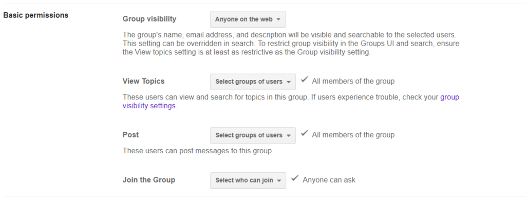 Screenshot showing personal Google groups default settings