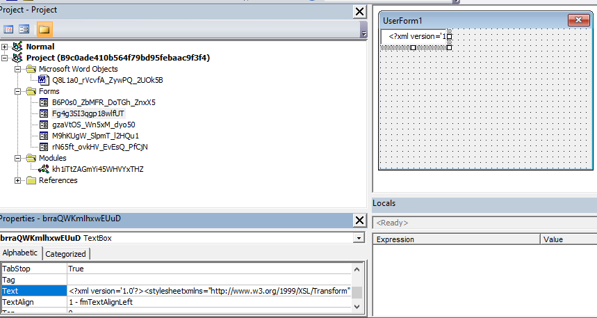 Screenshot showing the VBA project of one sample.
