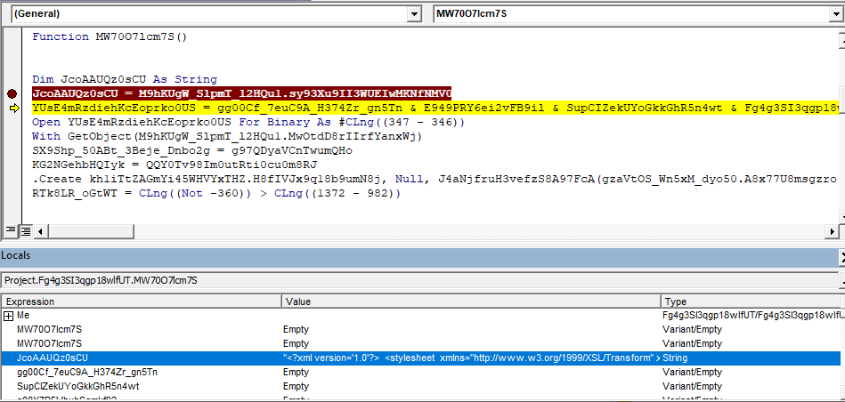 Screenshot showing the VBA code extracting XSL string.