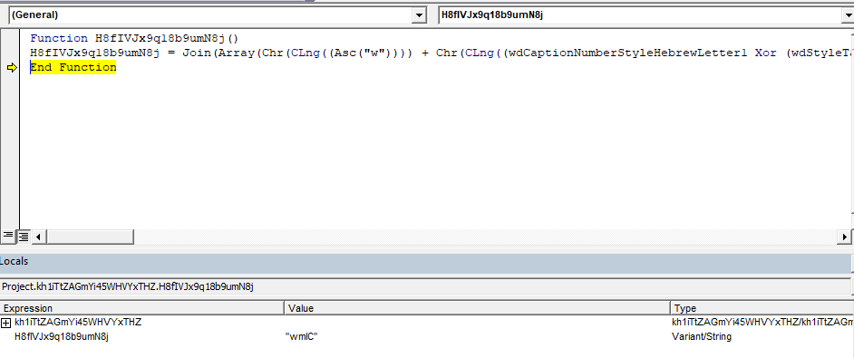 Screenshot showing the first argument to Create, “wmIC”, which is constructed at runtime.