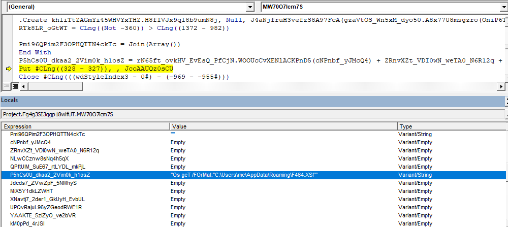 Screenshot showing the runtime construction of command line arguments to WMI.