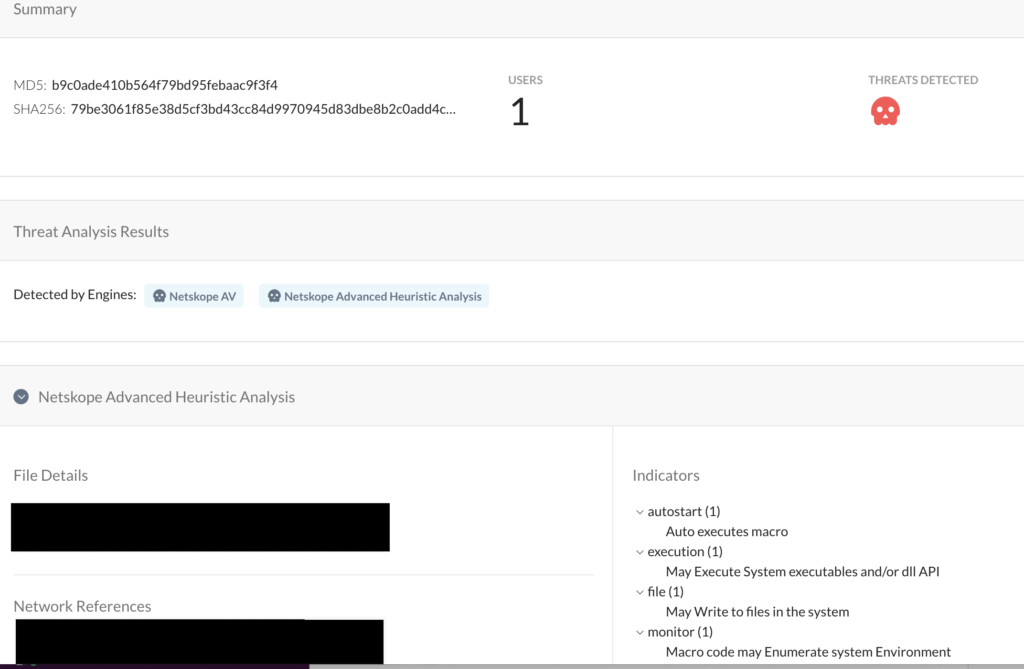 Screenshot showing the detection for b9c0ade410b564f79bd95febaac9f3f4, indicating it was detected by both Netskope AV and the Netskope Advanced Heuristic Engine.