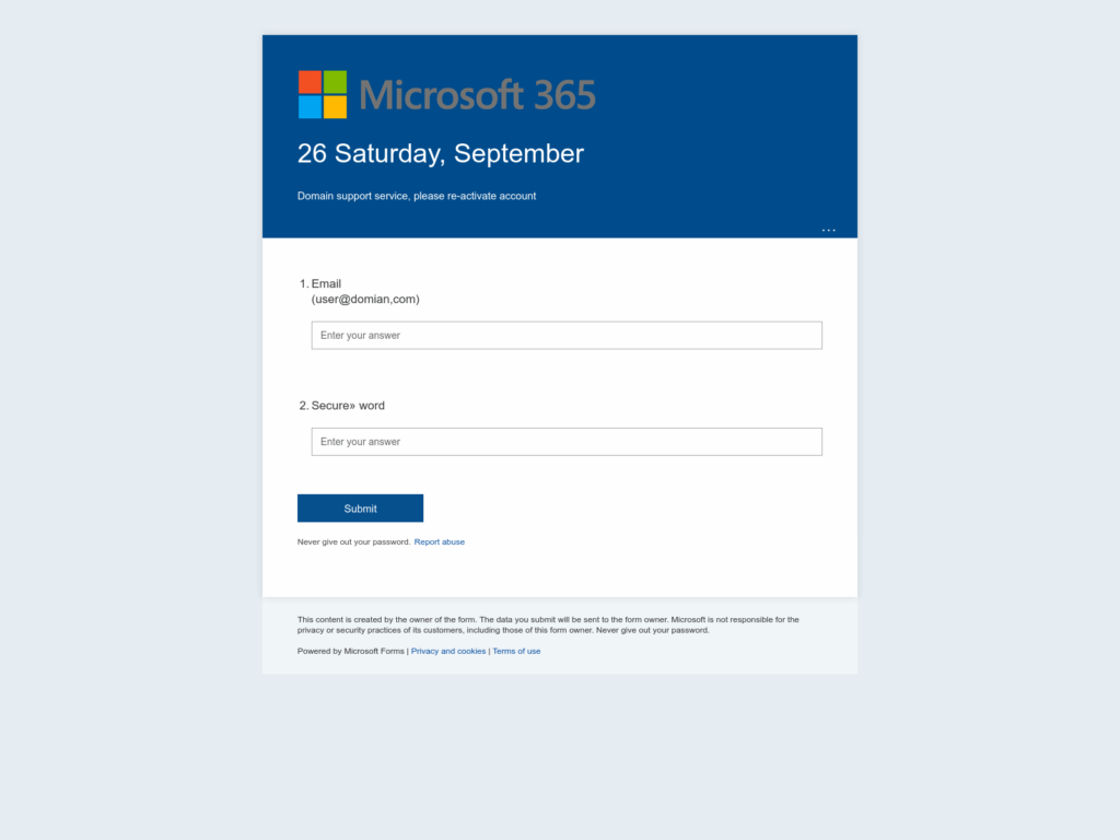 Example of a low-effort Office 365 login form used for phishing.