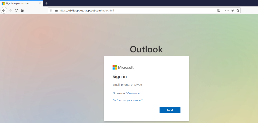 Exemplo de uma cópia quase perfeita de uma página de login da Microsoft utilizado para phishing.