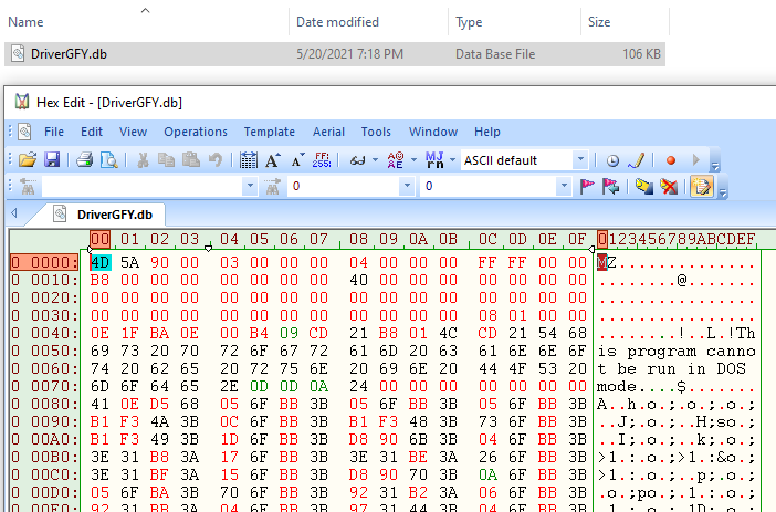 Screenshot of the HexEdit view of the payload after it has been decoded using certutil.exe