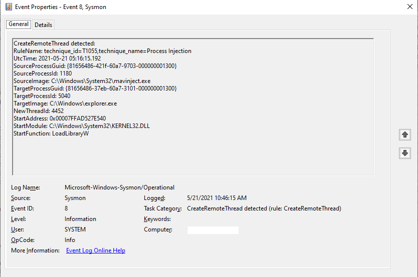 Screenshot of the SysMon capture of Process Injection into Explorer.exe.