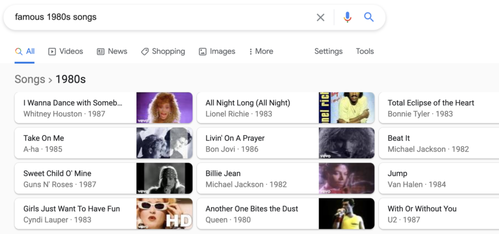 Google search for "Famous 1980's songs"