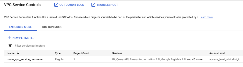 Screenshot showing newly created perimeter in VPC Service Controls