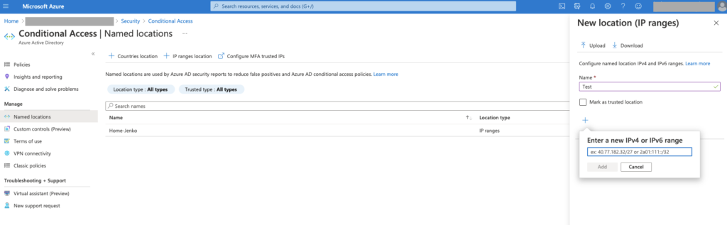 Screennshot showing how to implememnt an IP allow list in Azure Console with Conditional Access.