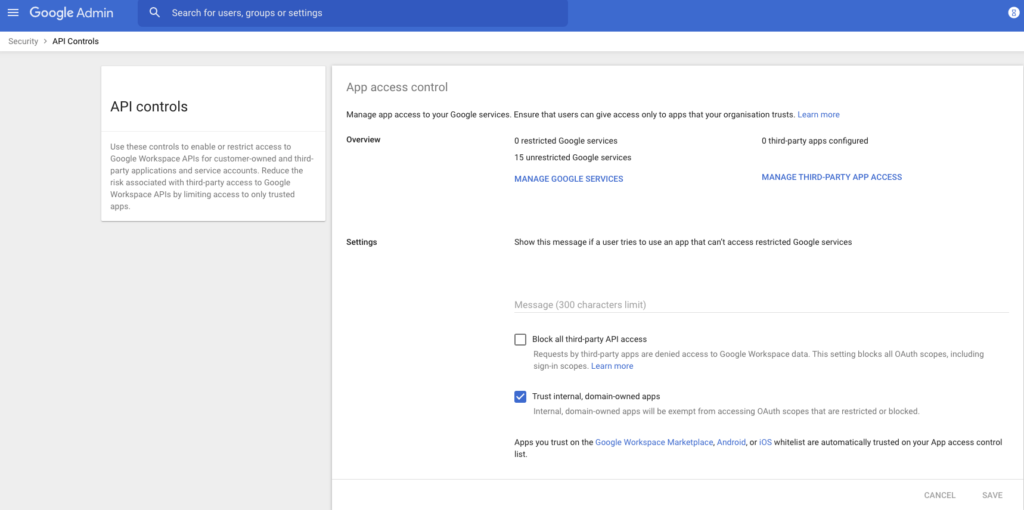 Screenshot of Google Workspace Admin Console showing various API controls to block all third-party API access and whether to trust internal, domain-owned applications
