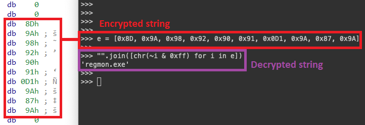 Screenshot decrypting a string from the wiper using Python