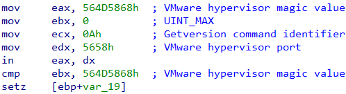 Screenshot showing malware checking if the process is running under VMware.