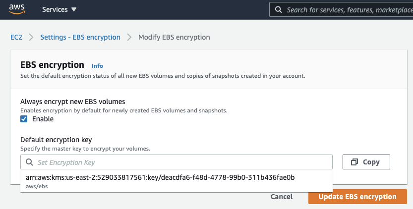 Screenshot of default EBS encryption that can be set using the Console